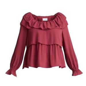 Time and Tru NEW Burgundy Ruffle Tiered Blouse Plus XXL 20 Long Sleeve Flowy